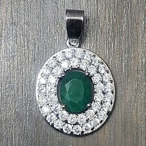 2.00ct Emerald Sterling Silver Oval Double Halo Pendant 1.25" NEW